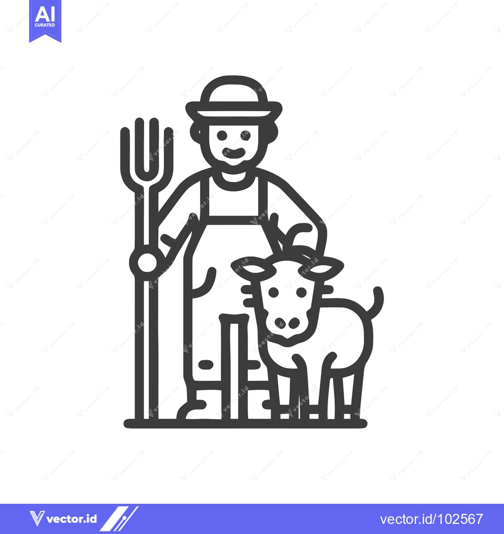 Premium Vector dari Friendly Farmer with Pitchfork and Calf Line Art Icon, Representing Ag