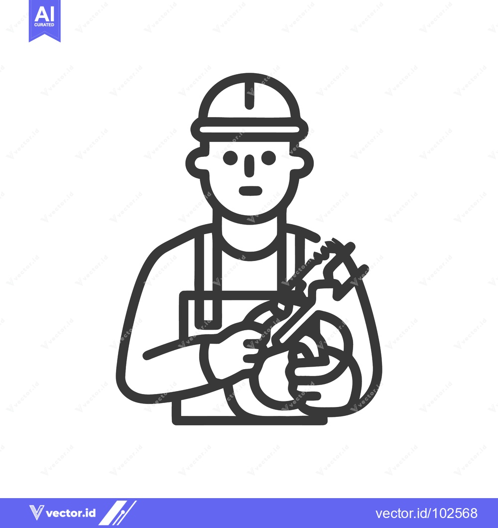 Premium Vector dari Line Art Icon: Gardener in Hard Hat Holding Plant and Trowel