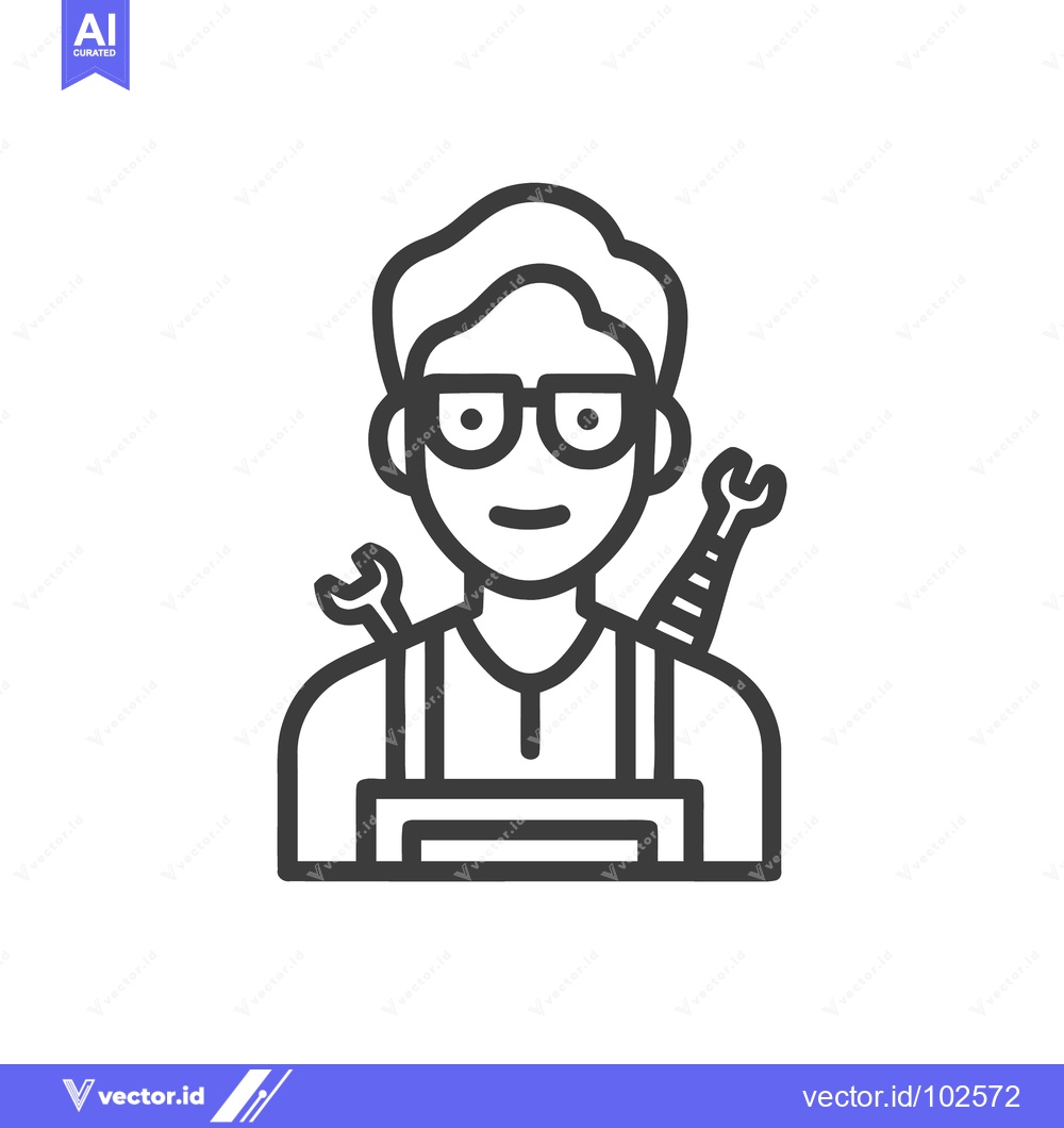 Premium Vector dari Skilled Mechanic or Handyman Line Art Icon with Glasses, Wrench, and S