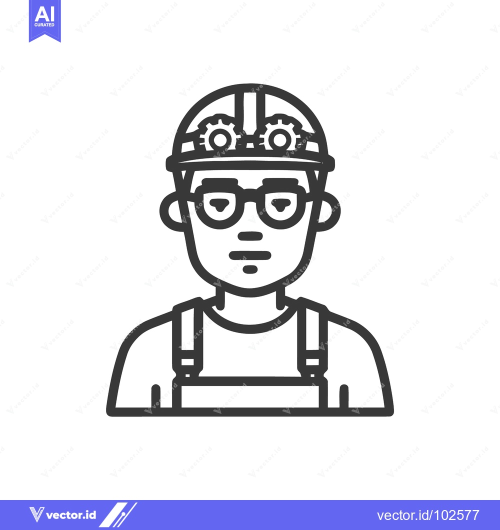 Premium Vector of Minimalist Engineer Icon: Smart Worker with Gear Hard Hat, Glasses, an