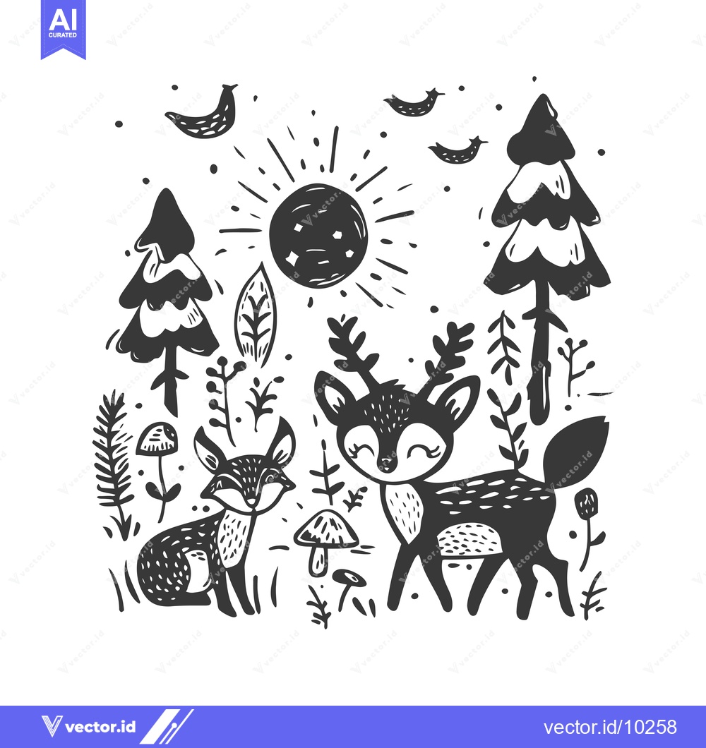 Premium Vector of A Black and White Illustration of a Deer and Fox in a Forest Scene