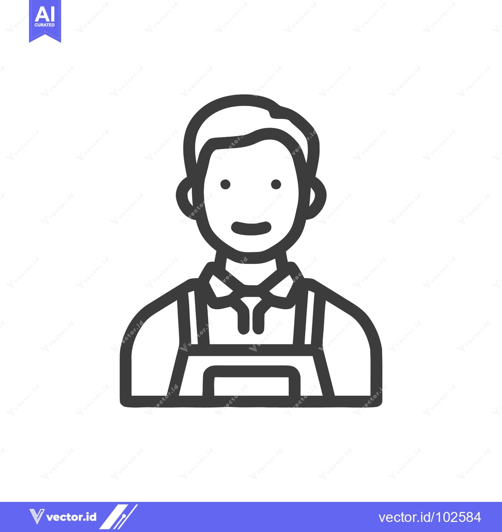 Premium Vector of Minimalist Line Art Icon of Smiling Male Worker in Apron, Clean Vector