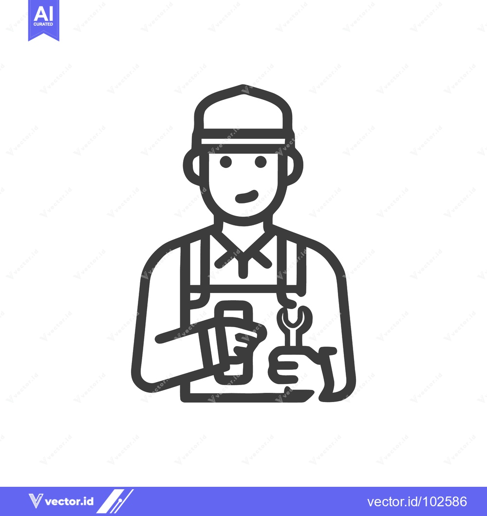 Premium Vector of Minimalist Line Art Icon of Smiling Mechanic with Wrench and Bottle, P