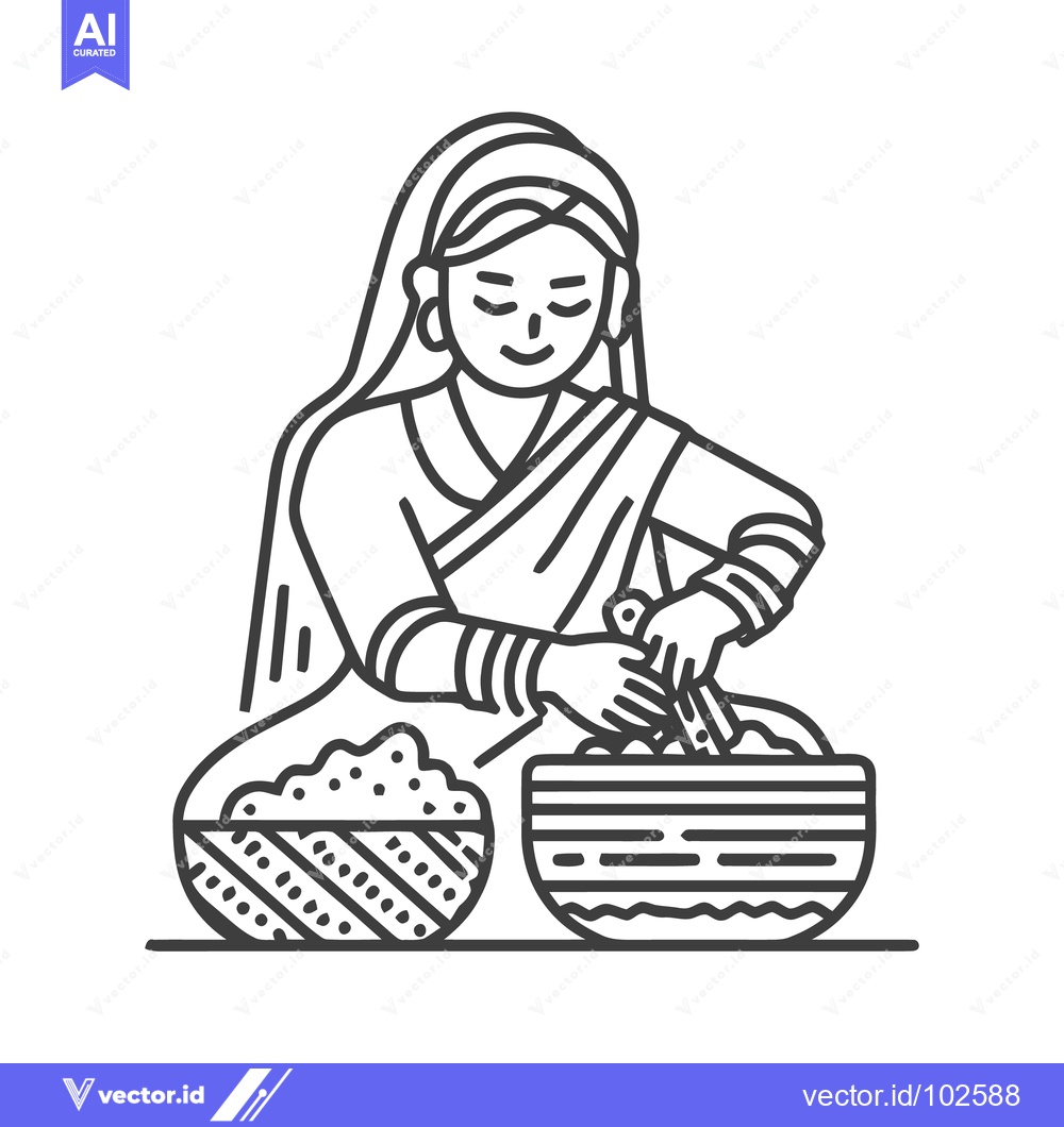 Premium Vector dari Smiling Woman Kneading Dough in Traditional Attire, Minimalist Line Ar