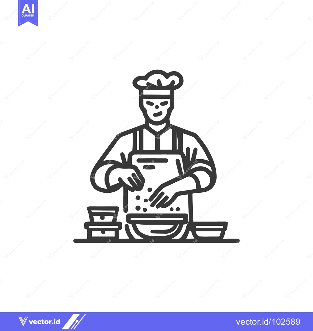 Premium Vector of Stylized Line Art Icon of Chef in Hat and Apron Preparing Food