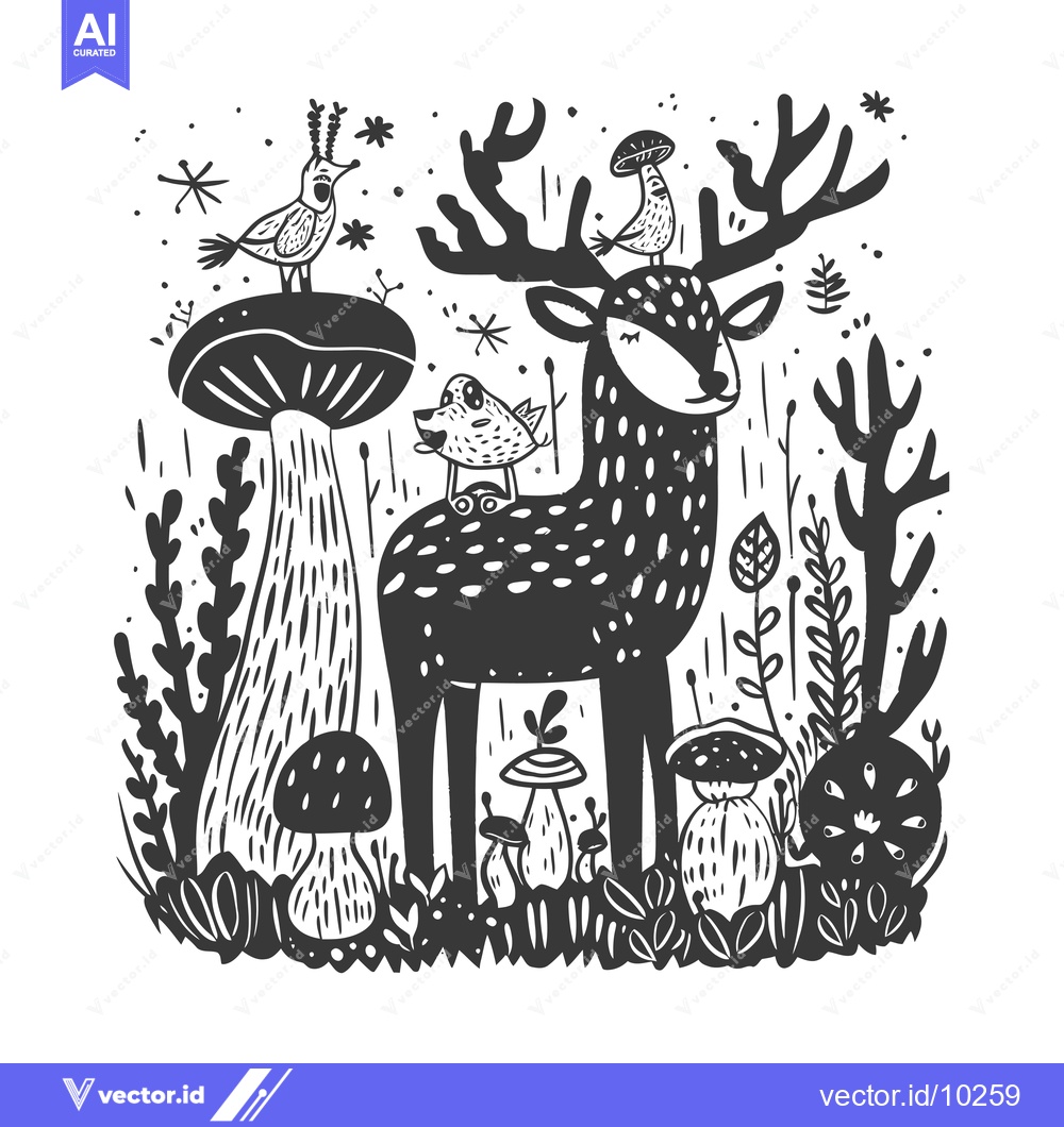 Premium Vector of A Black and White Illustration of a Deer with Birds and Mushrooms in a