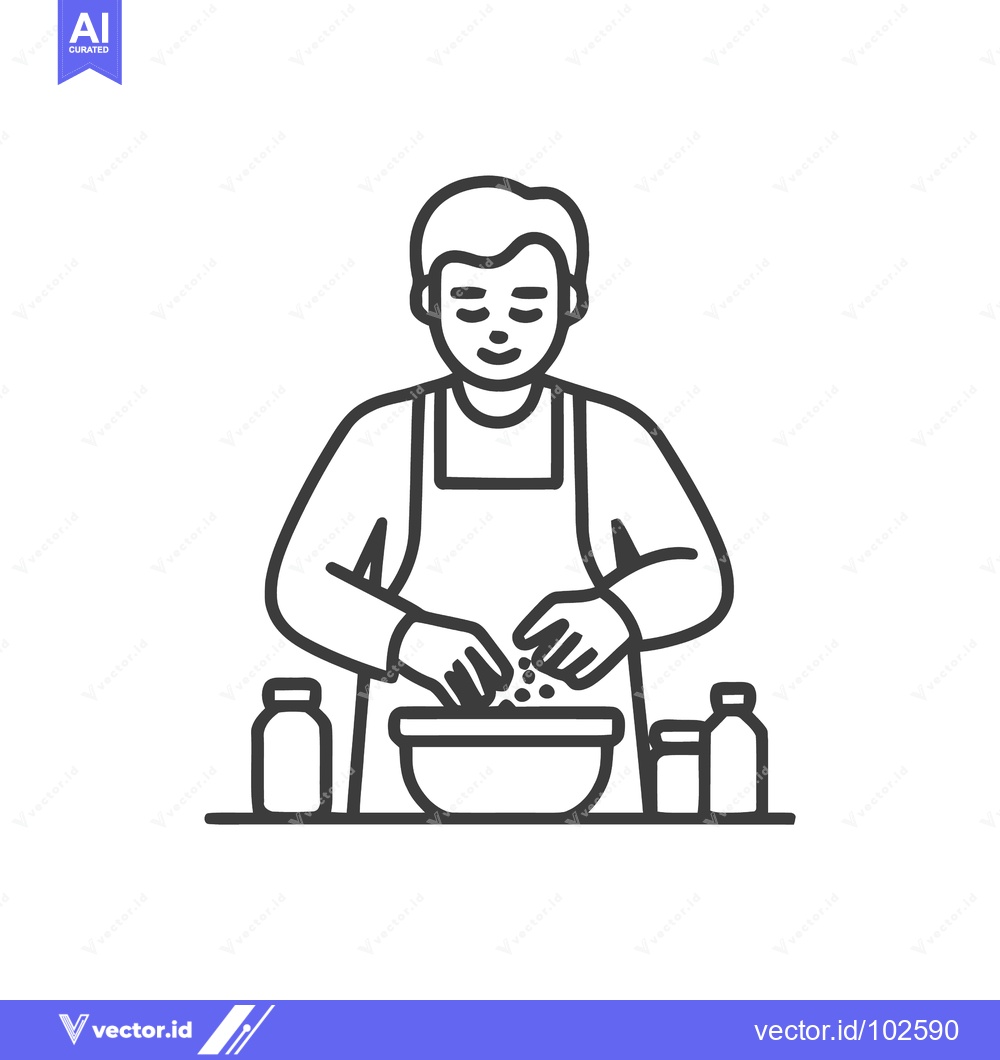 Premium Vector dari Monochrome Line Art Icon of a Person in Apron Preparing Food, Mixing I