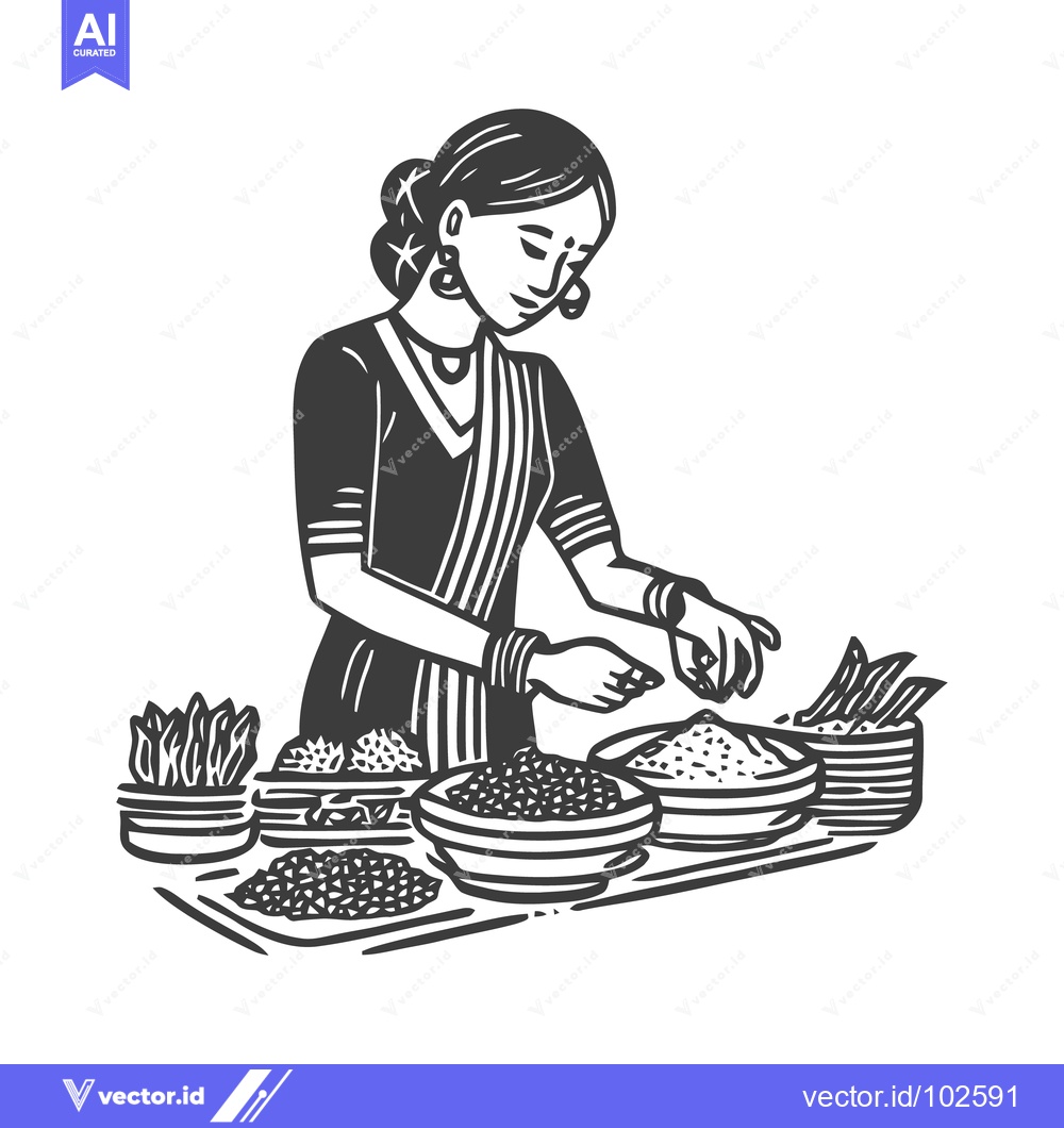 Premium Vector dari Elegant Indian Woman Preparing Traditional Food Items, Monochromatic L