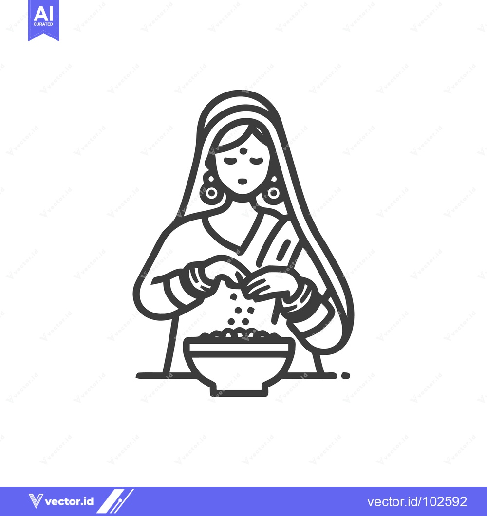 Premium Vector dari Graceful Indian Woman in Sari Icon Preparing Food or Spices in Bowl, M