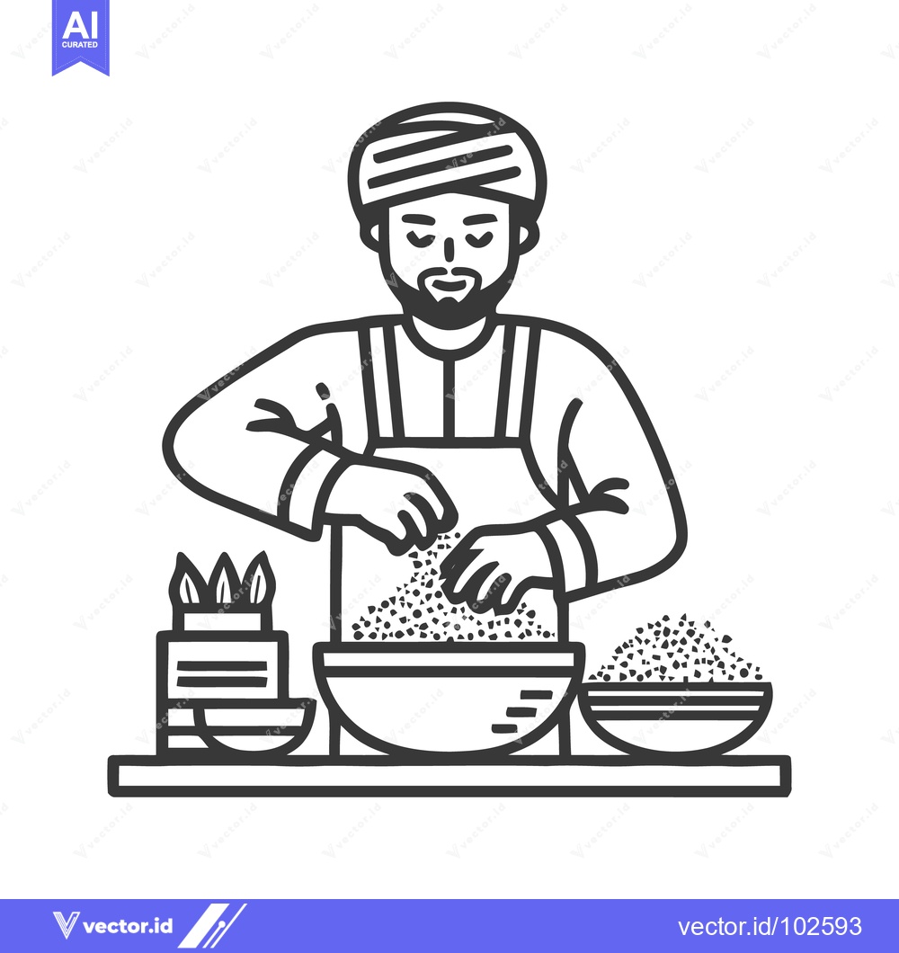 Premium Vector of Monochrome Line Art of Bearded Man in Turban Preparing Food, Mixing In