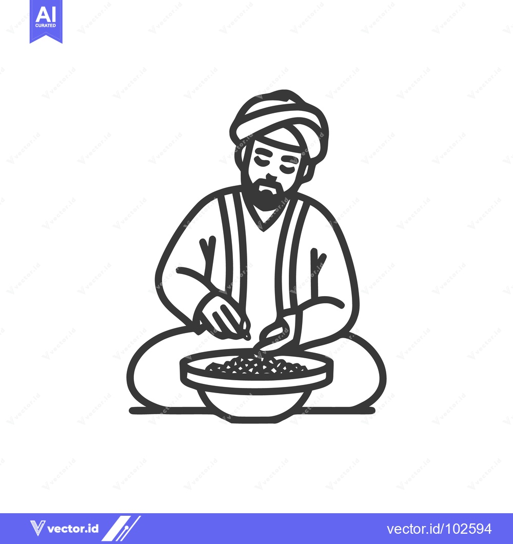 Premium Vector of Minimalist Line Art Icon of Man in Turban Sitting Cross-Legged, Eating