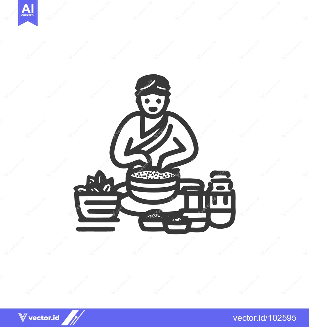 Premium Vector of Traditional Herbalist Preparing Natural Ingredients in Bowl Line Art I