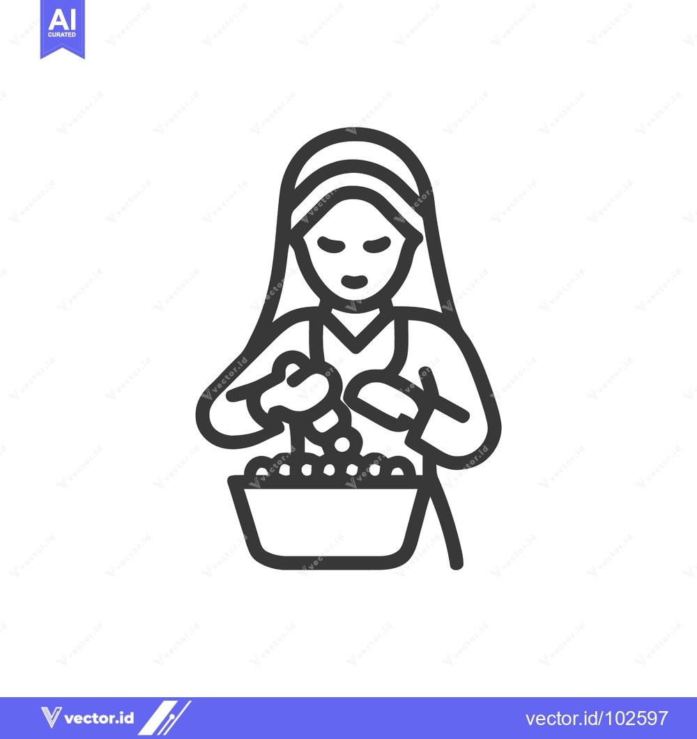 Premium Vector of Elegant Monochrome Line Art Icon of Woman Chef Preparing Food in Bowl,