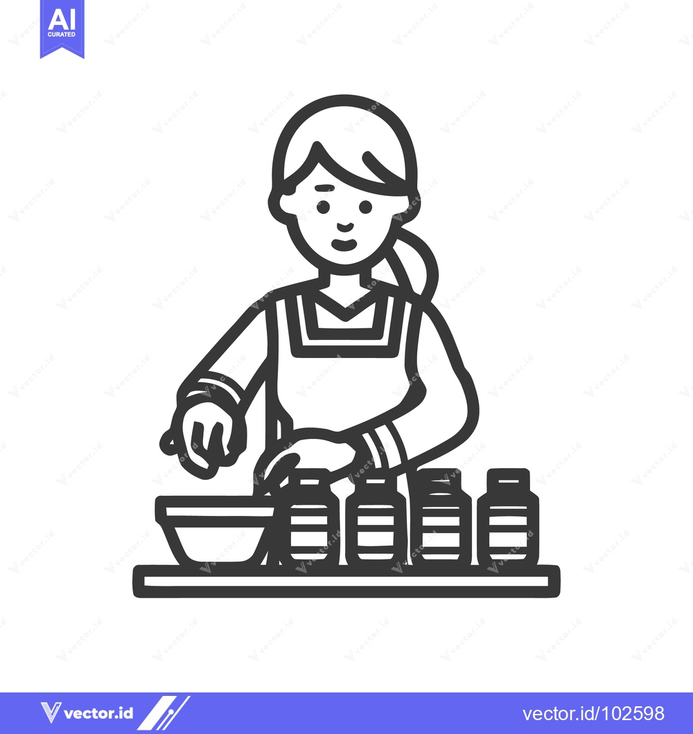 Premium Vector dari Monochrome Line Art Icon of Woman Mixing Ingredients, Bottles on Count