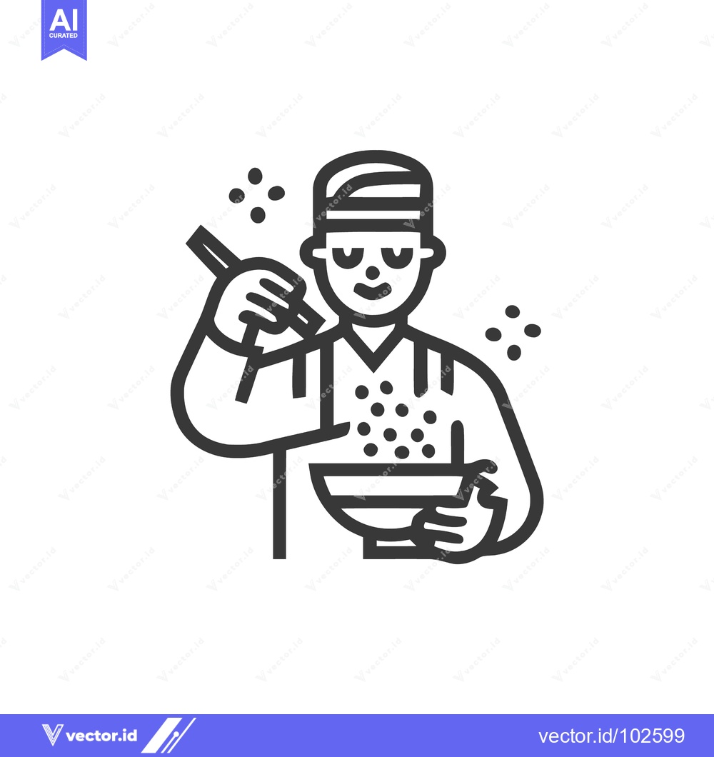 Premium Vector of Smiling Chef Icon Stirring Food in Bowl, Minimalist Monochrome Line Ar