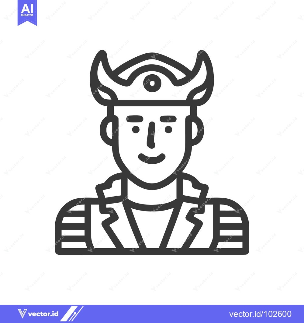 Premium Vector of Smiling Pirate or Viking Character Line Art Icon with Horned Hat, Mini