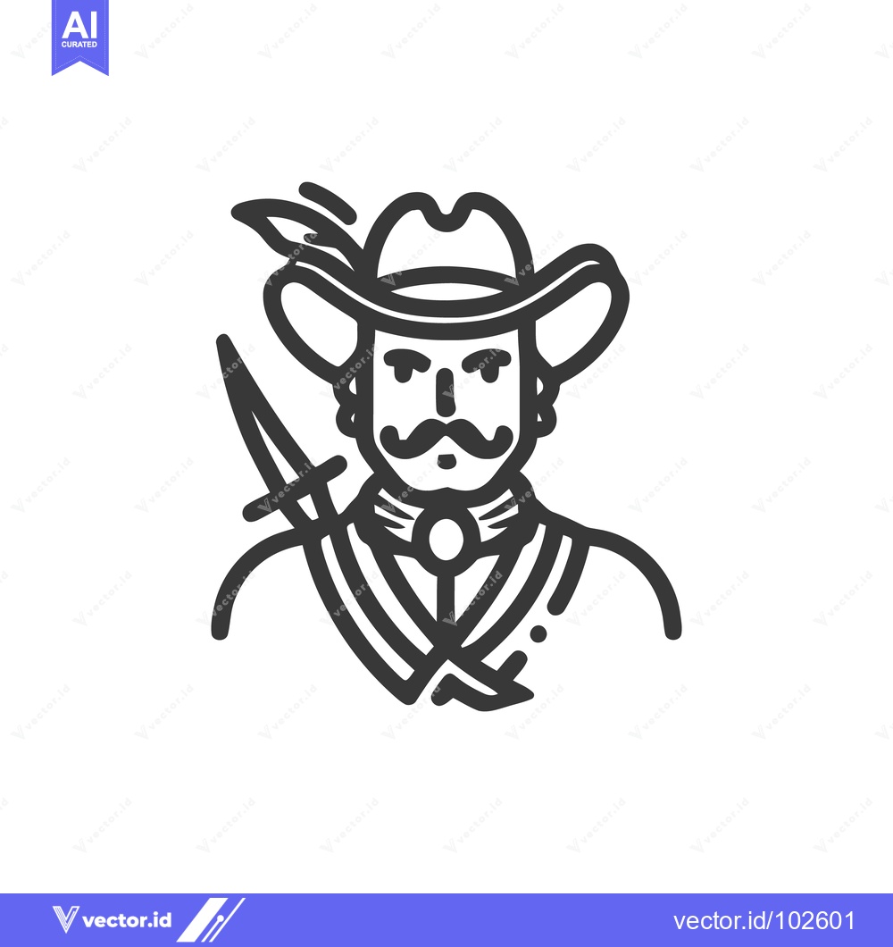 Premium Vector of Stylized Conquistador Bust Icon with Feathered Hat and Dagger, Monochr