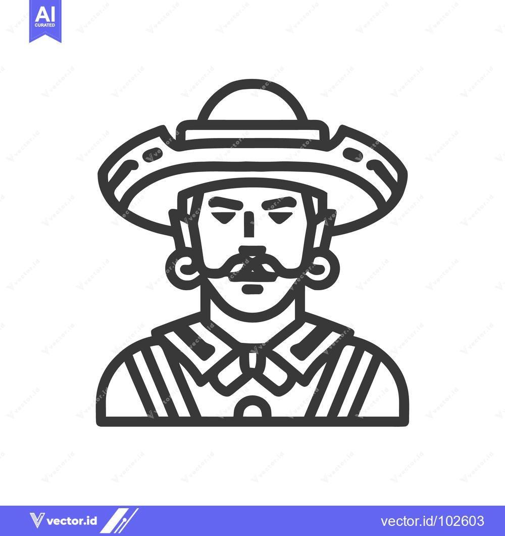 Premium Vector dari Monoline Vector Icon of Stern Mexican Man in Sombrero and Traditional