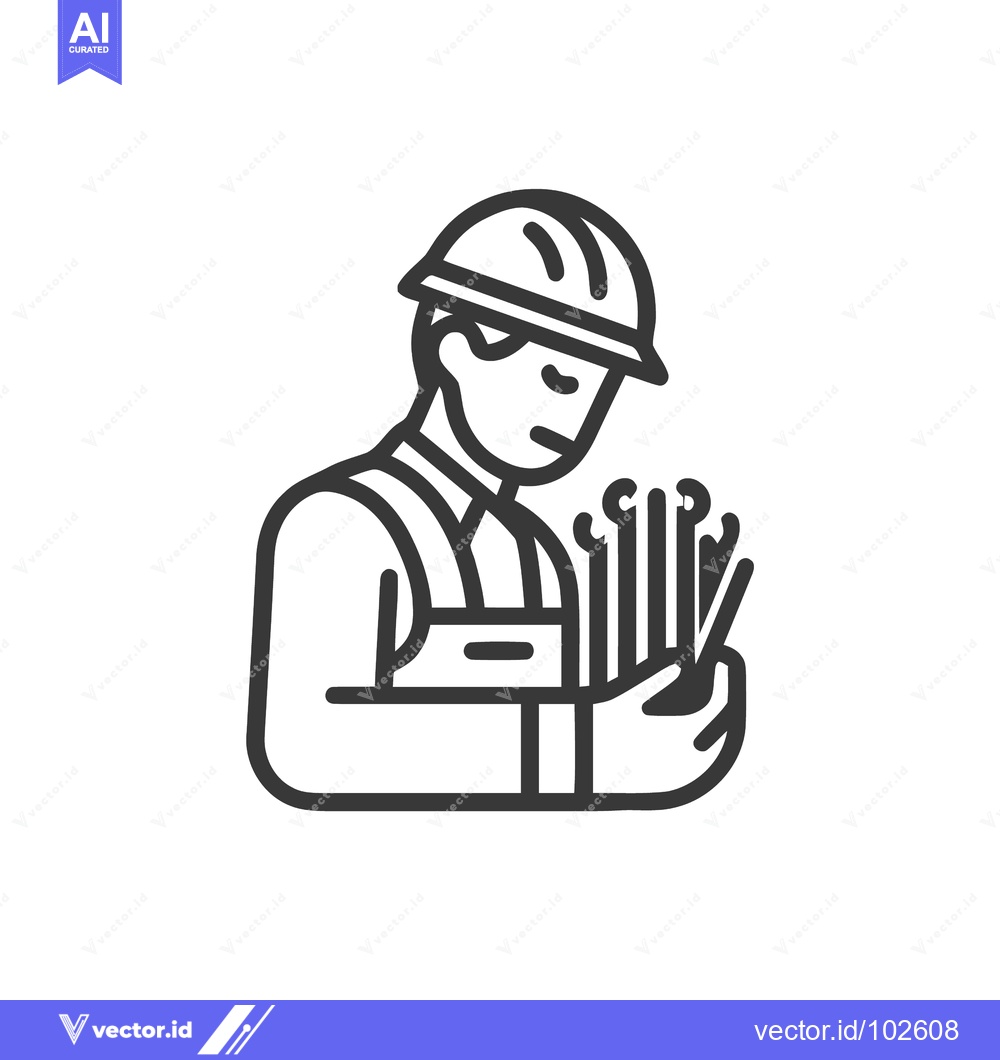 Premium Vector of Modern Line Art Icon: Skilled Worker in Hard Hat Holding Fiber Optic C