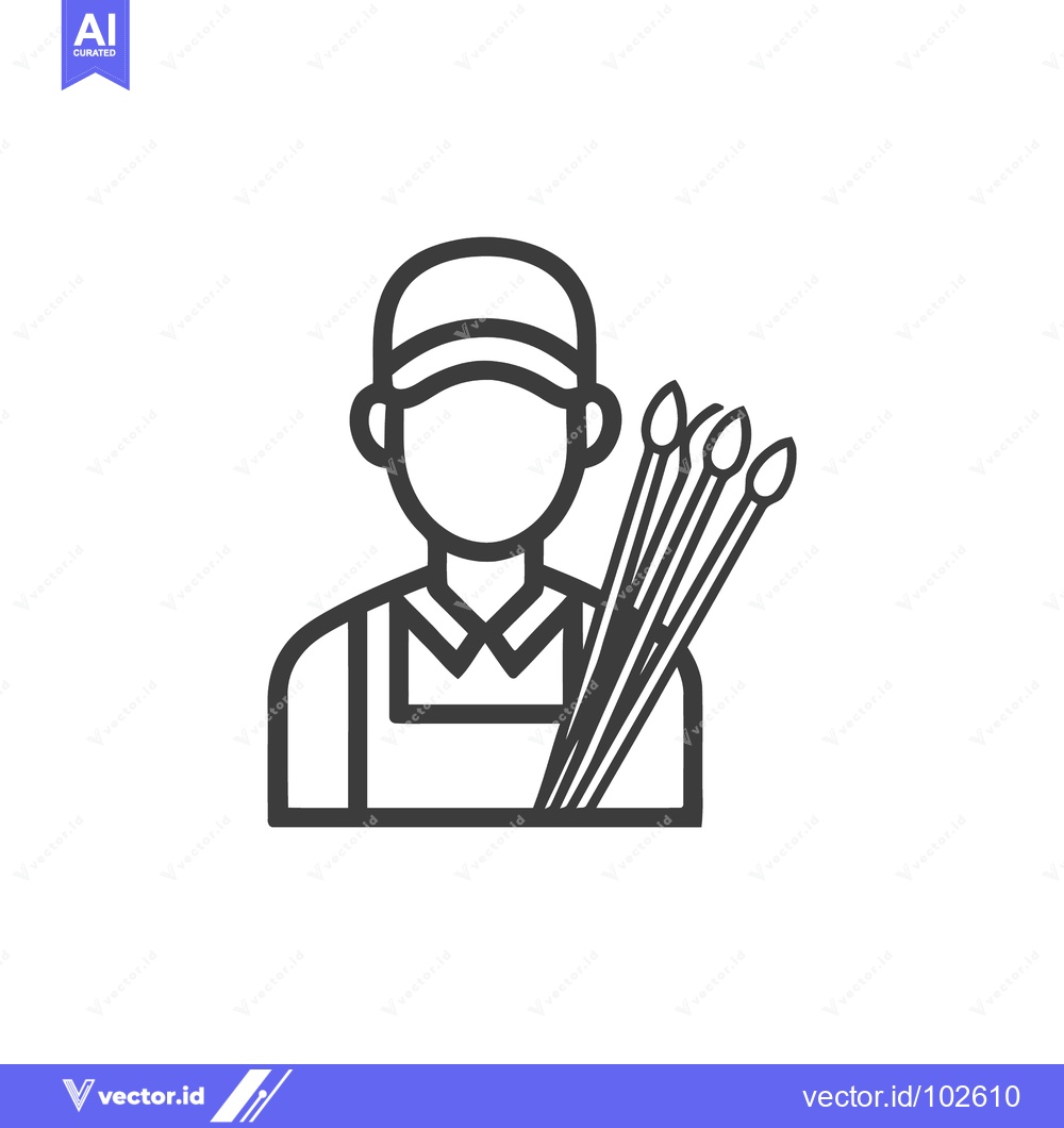 Premium Vector of Minimalist Line Art Icon of Artist with Paintbrushes, Wearing Cap and