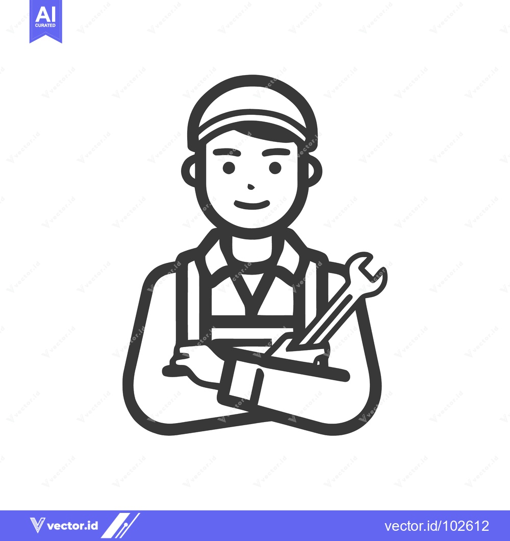 Premium Vector of Smiling Mechanic Icon in Overalls Holding Wrench, Clean Black Line Art