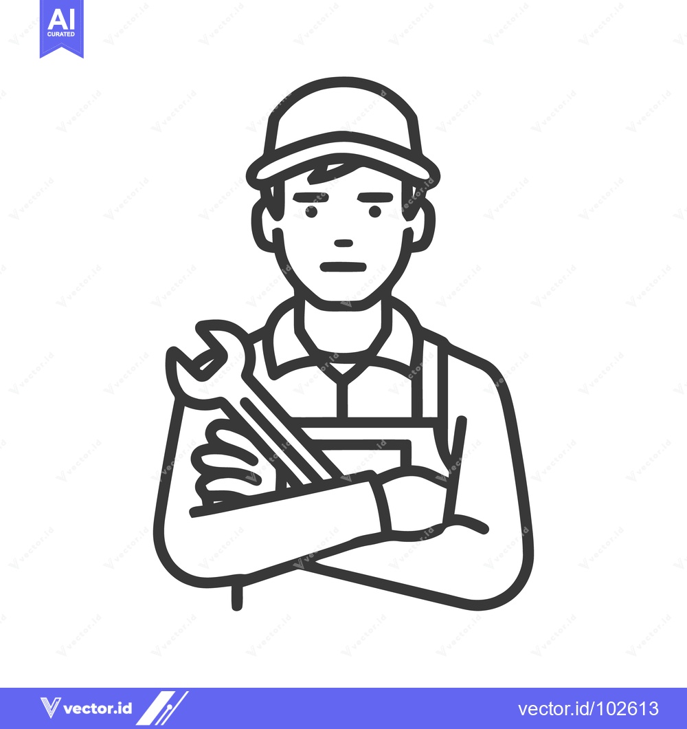 Premium Vector of Modern Line Art Icon of a Professional Male Mechanic or Technician Hol