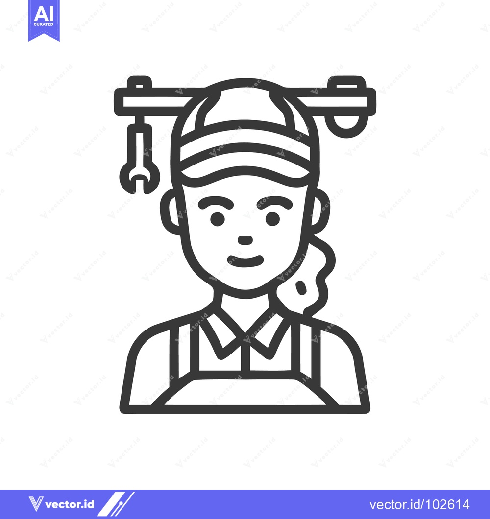 Premium Vector dari Minimalist Line Art Icon of a Smiling Mechanic or Technician with Wren