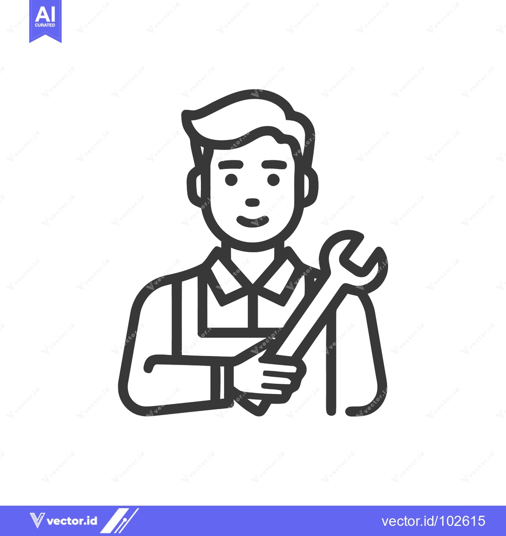 Premium Vector of Friendly Line Art Male Mechanic Icon Holding Wrench, Professional Serv