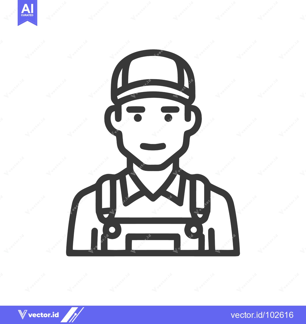 Premium Vector of Clean Line Art Icon of a Friendly Male Worker in Cap and Overalls, Pro