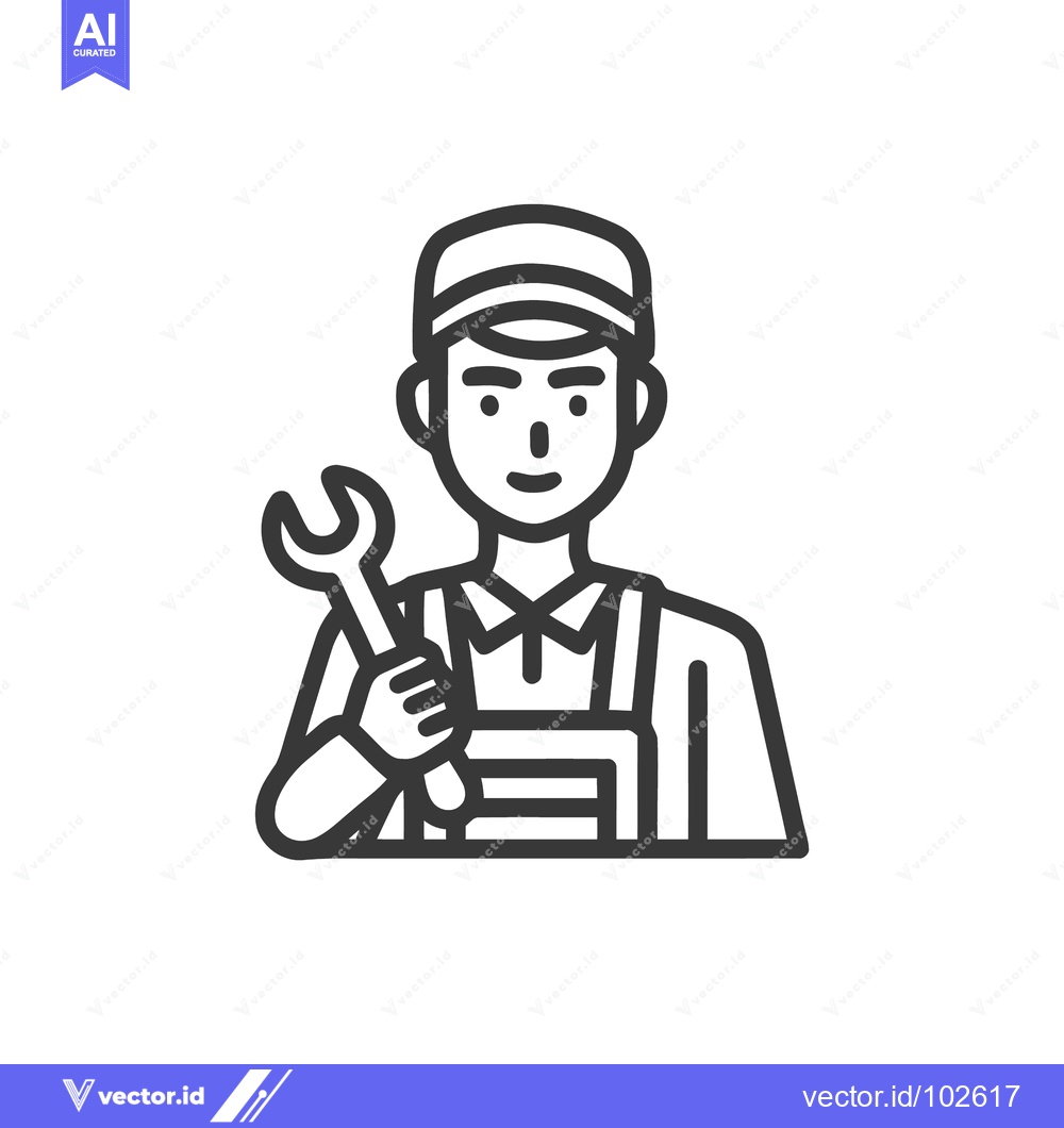 Premium Vector of Smiling Mechanic Icon in Modern Line Art Style, Wearing Overalls and C