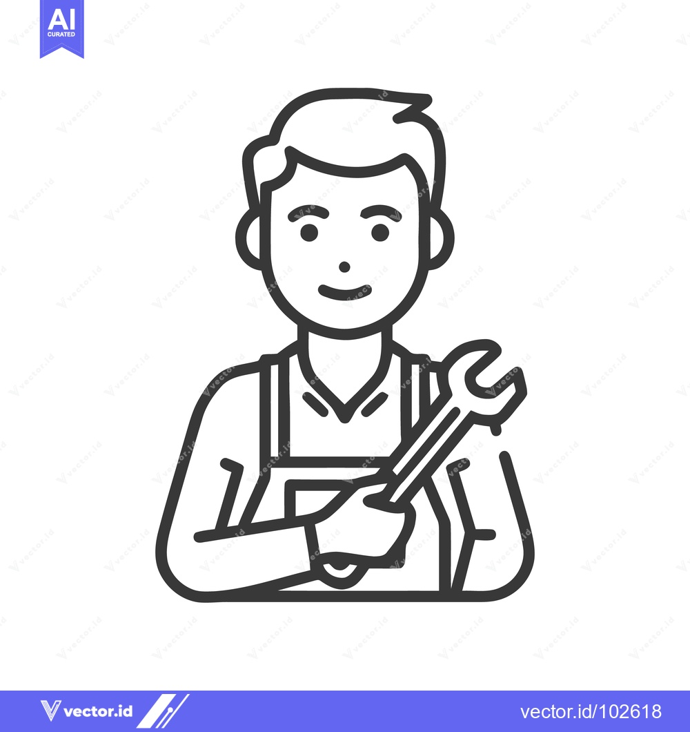 Premium Vector dari Smiling Male Mechanic Line Art Icon Holding Wrench, Professional Servi