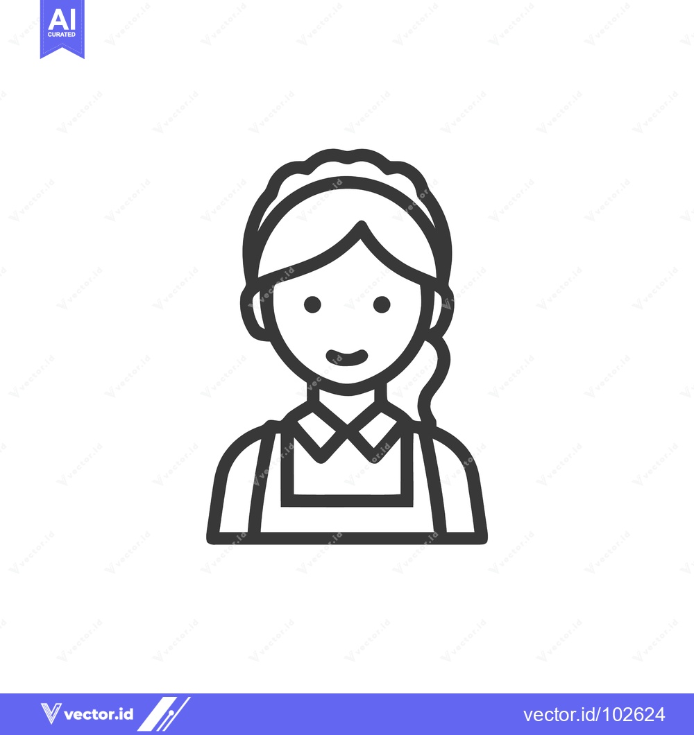 Premium Vector of Minimalist Line Art Icon of a Smiling Female Maid or Waitress in Unifo