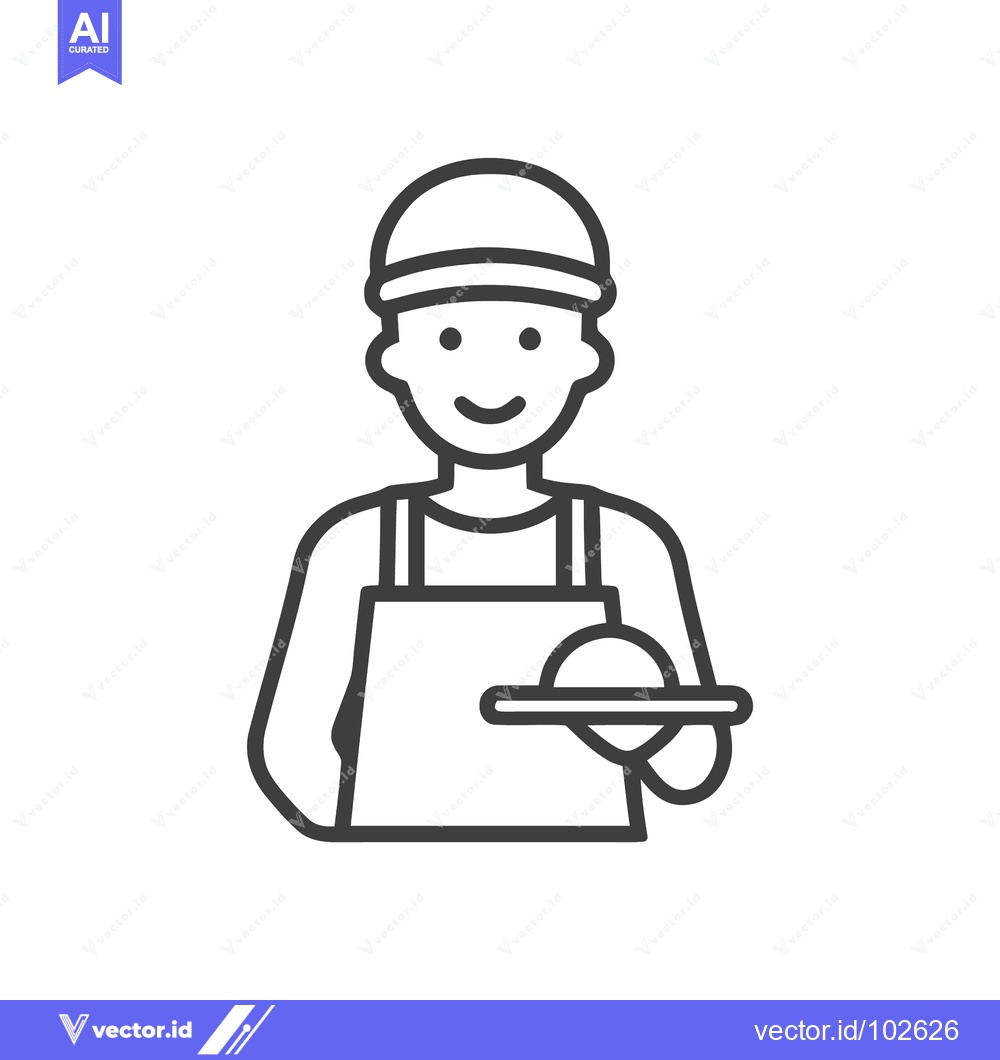 Premium Vector of Smiling Male Worker Icon in Apron and Cap Holding Trowel, Simple Outli