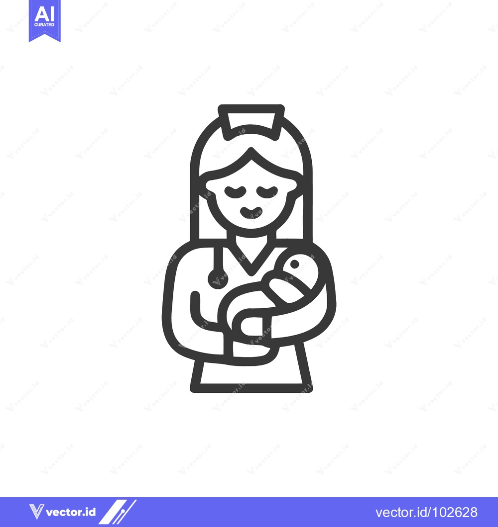 Premium Vector of Caring Nurse Holding Newborn Baby Line Art Icon, Pediatric Healthcare
