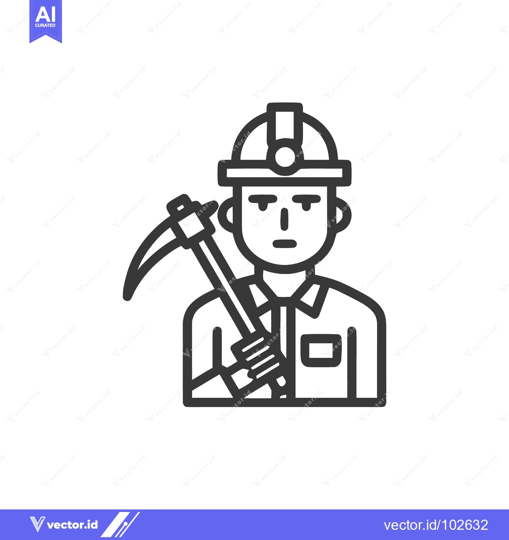 Premium Vector of Monochrome Line Art Icon of Miner with Pickaxe and Hard Hat, Mining In
