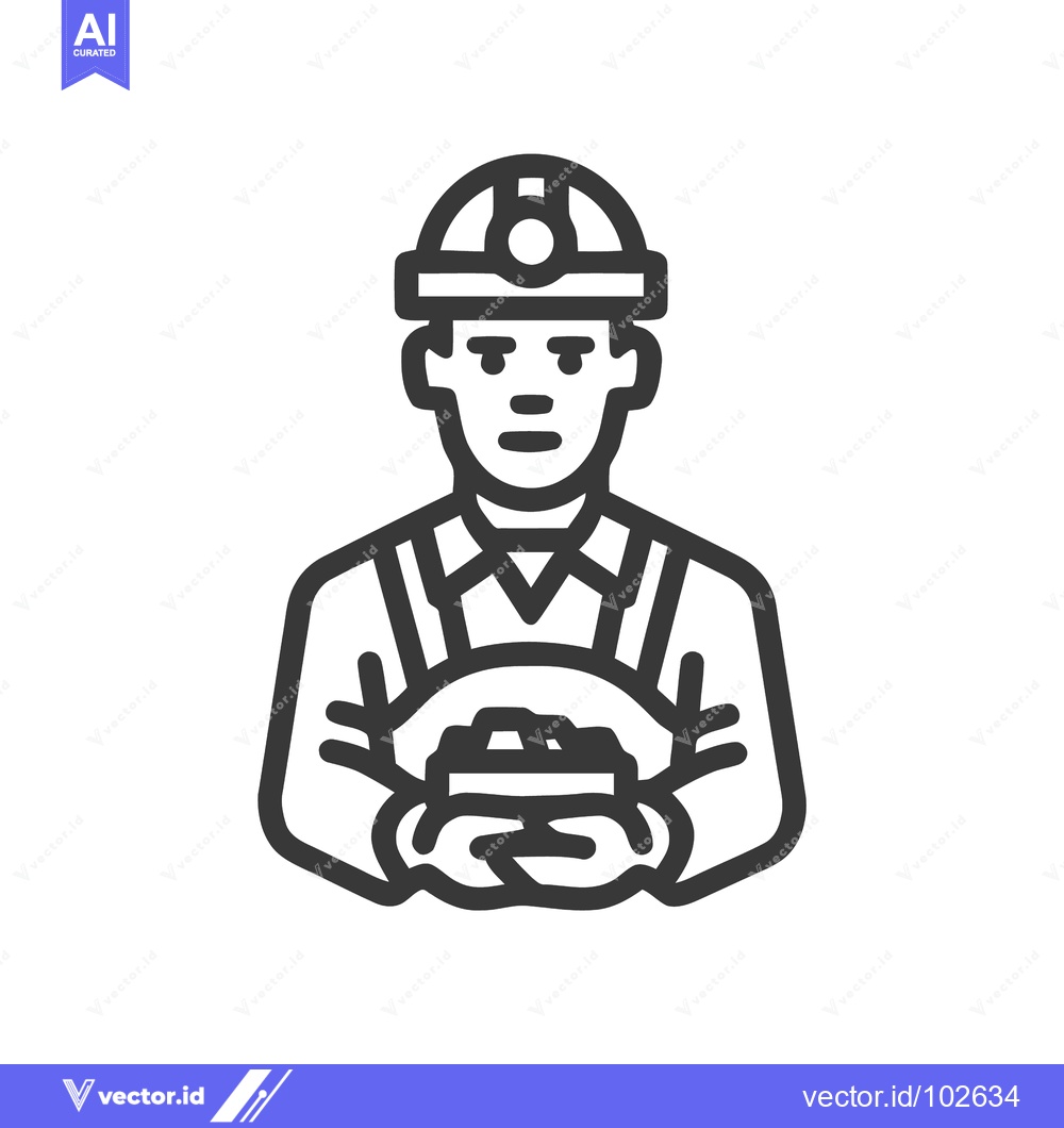 Premium Vector dari Minimalist Black Line Icon of Miner in Hard Hat Holding Coal, Symboliz