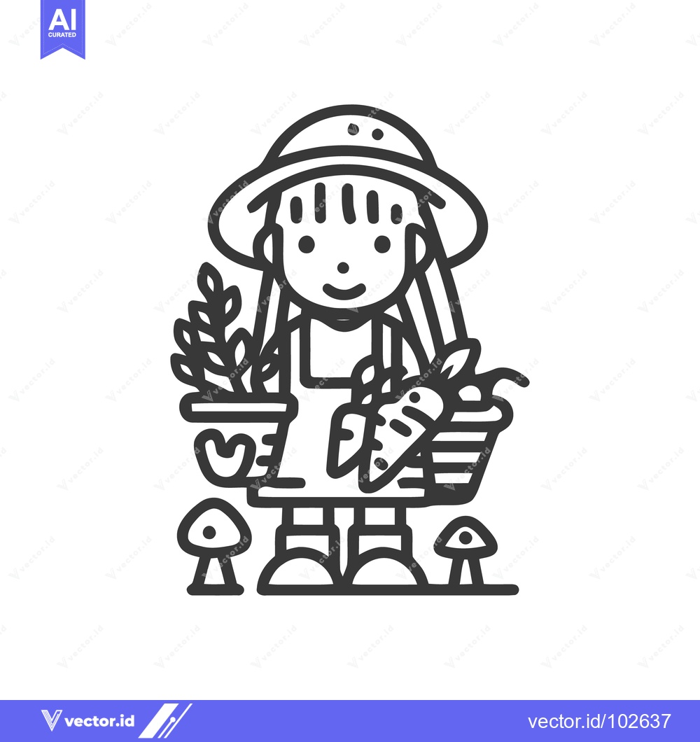 Premium Vector dari Charming Monochrome Line Art Gardener with Freshly Harvested Produce a