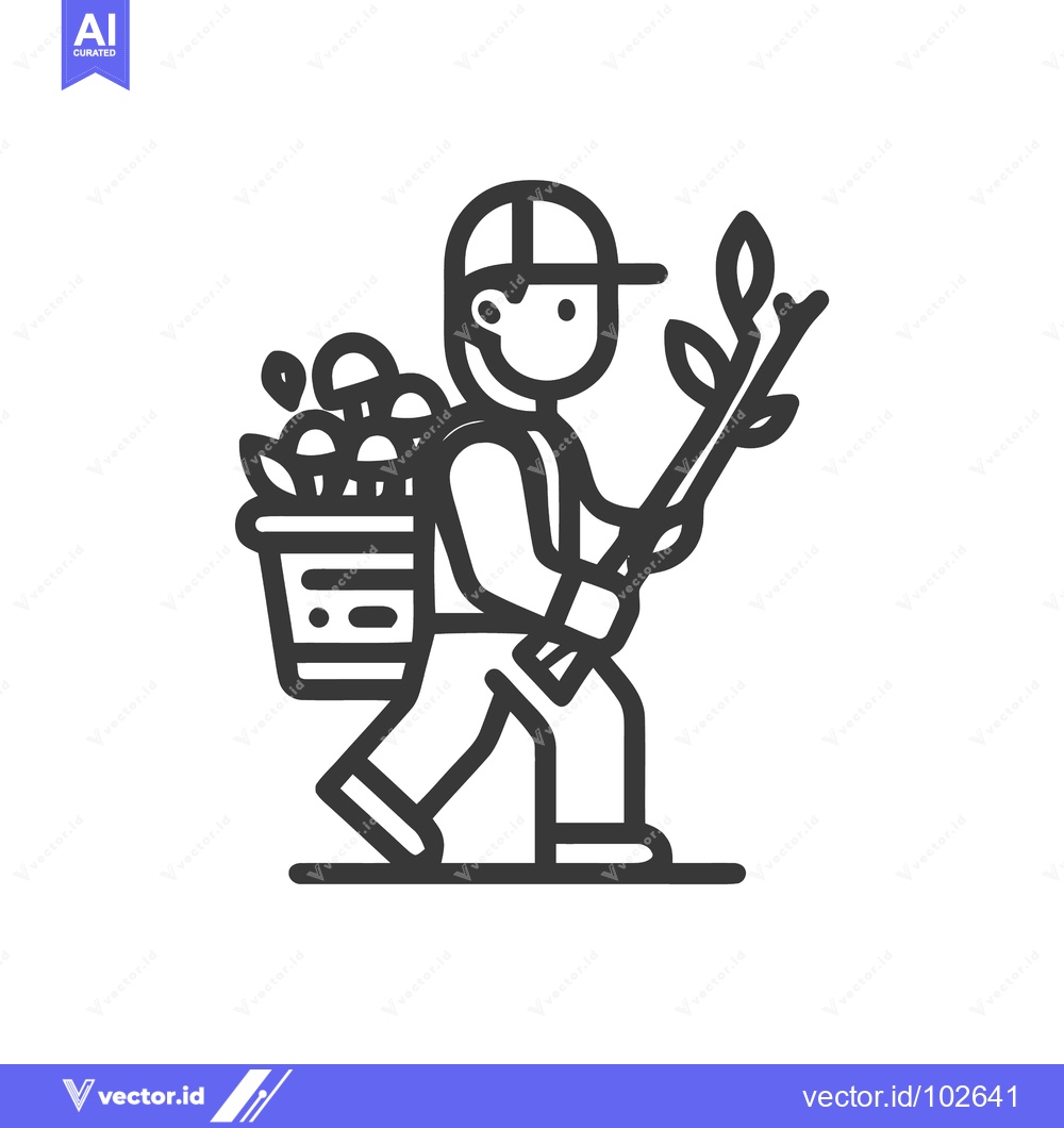 Premium Vector dari Stylized Line Art Icon of a Person Foraging Mushrooms and Carrying a B