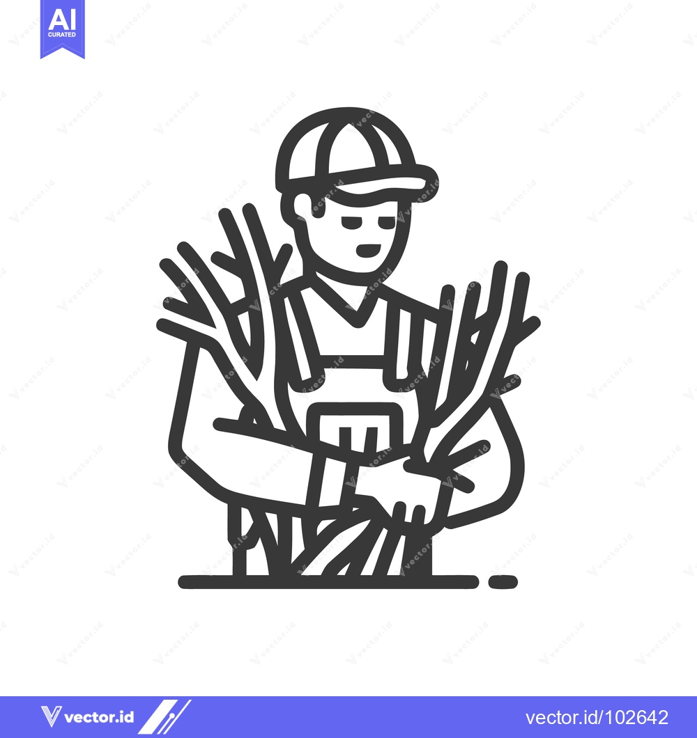 Premium Vector of Stylized Line Art Icon: Farmer or Gardener in Overalls Holding Bundles