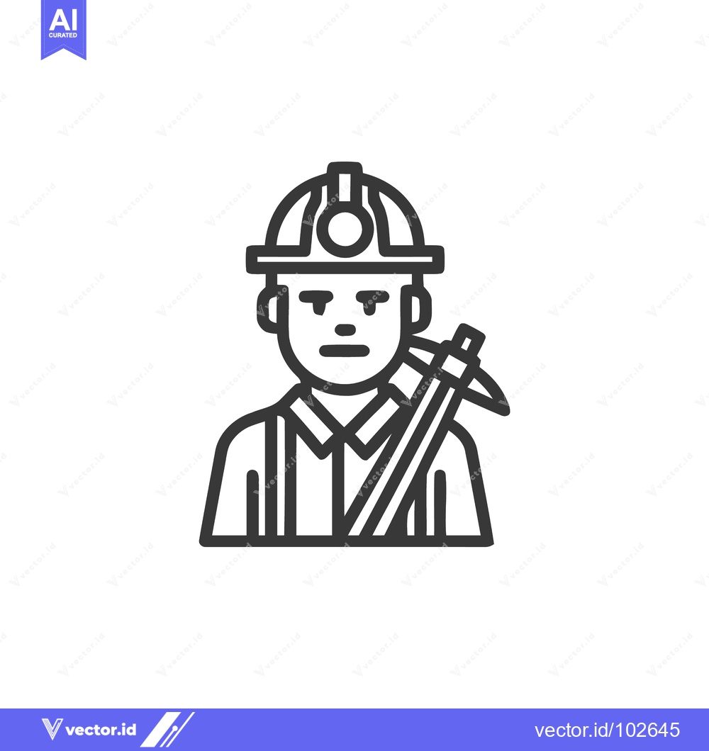 Premium Vector of Minimalist Line Art Miner Icon with Hard Hat and Pickaxe, Industrial W