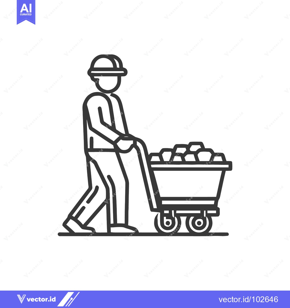 Premium Vector dari Stylized Line Art Icon of Miner Pushing Heavy Ore Cart, Industrial Lab