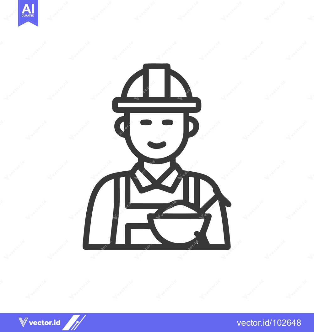 Premium Vector of Smiling Male Construction Worker Line Icon with Hard Hat, Holding Mort