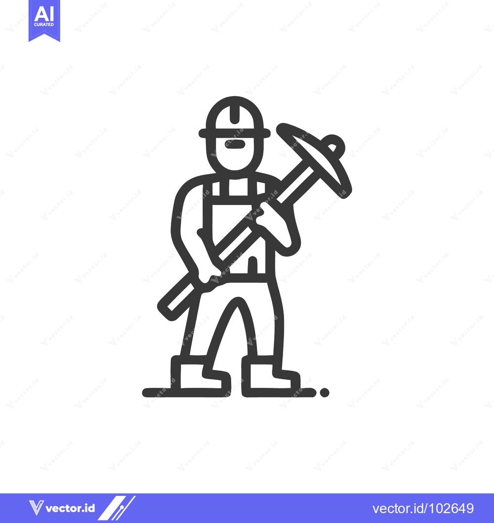 Premium Vector of Minimalist Line Art Icon of a Miner with Pickaxe, Symbolizing Industry