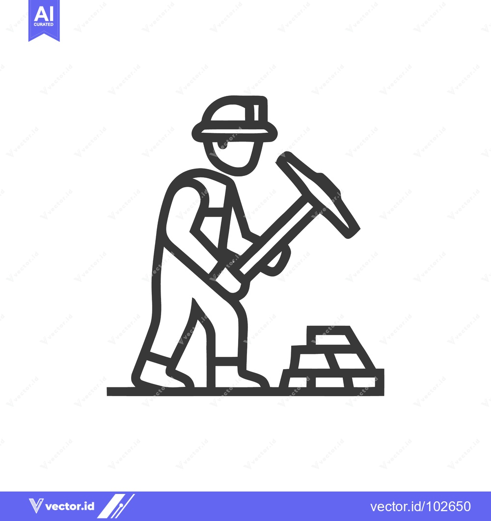 Premium Vector dari Industrial Miner Icon with Pickaxe and Gold Bars, Simple Line Art