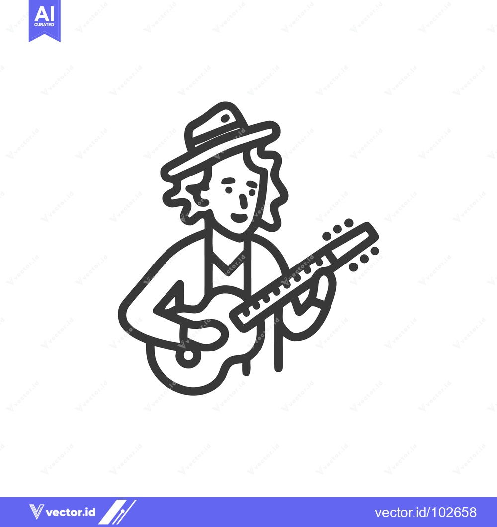 Premium Vector of Minimalist Line Art Icon of a Cheerful Musician in a Hat Playing an Ac