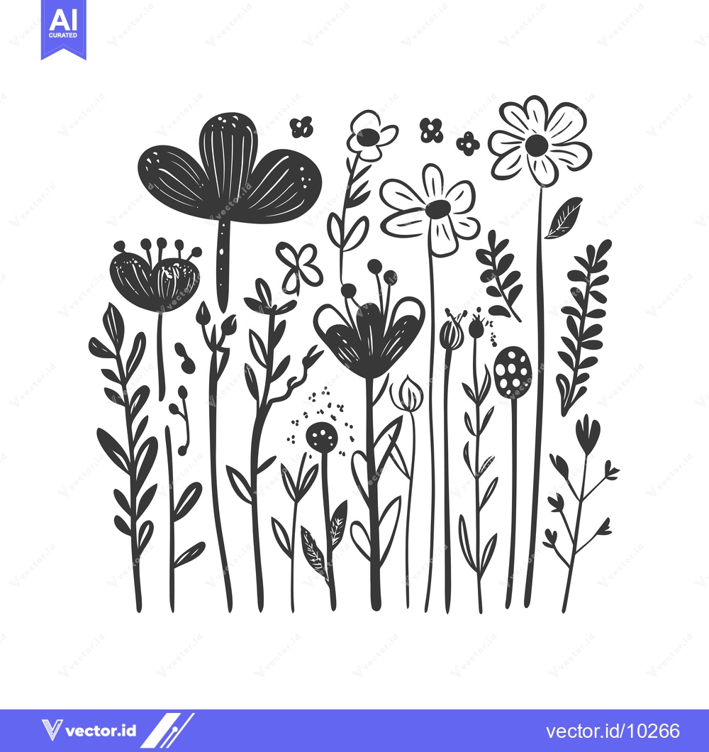 Premium Vector of A Black and White Illustration of a Field of Wildflowers