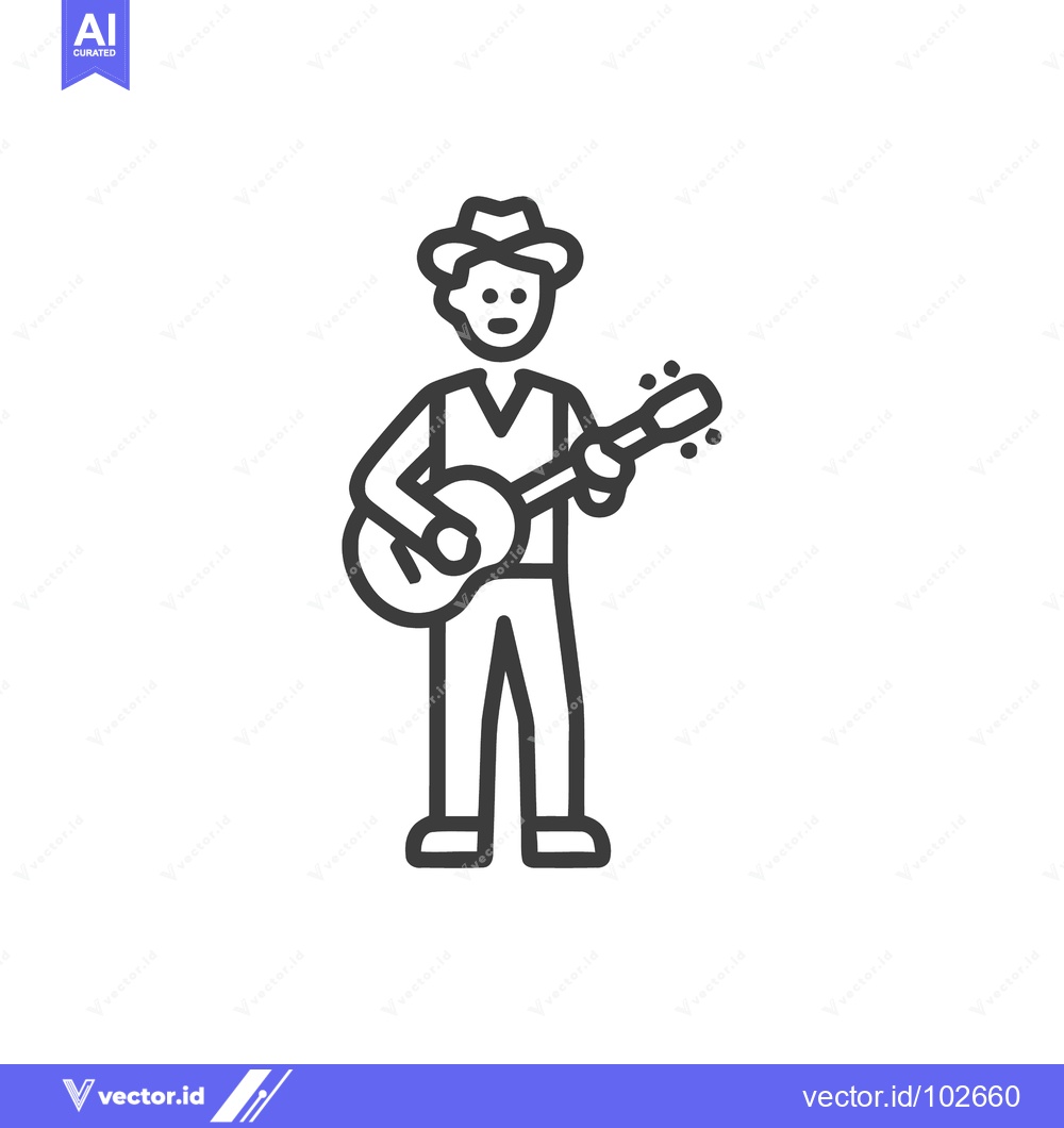 Premium Vector of Stylized Line Art Icon of a Musician in a Hat Playing an Acoustic Guit