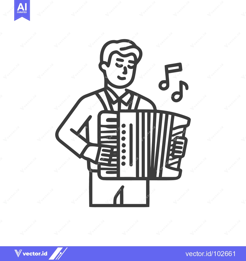 Premium Vector of Happy Accordion Player Icon with Musical Notes in Simple Line Art Styl