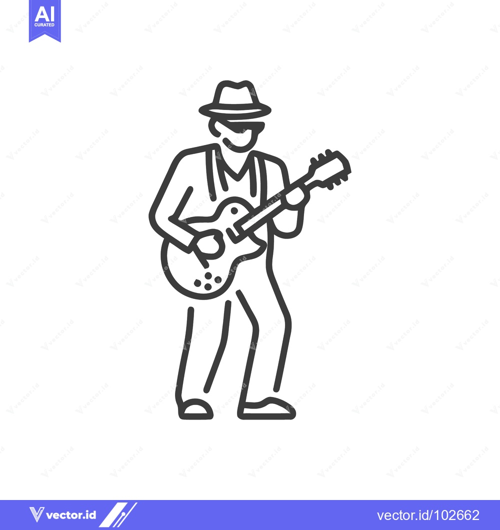 Premium Vector of Stylized Line Art Icon of Musician Playing Electric Guitar with Fedora