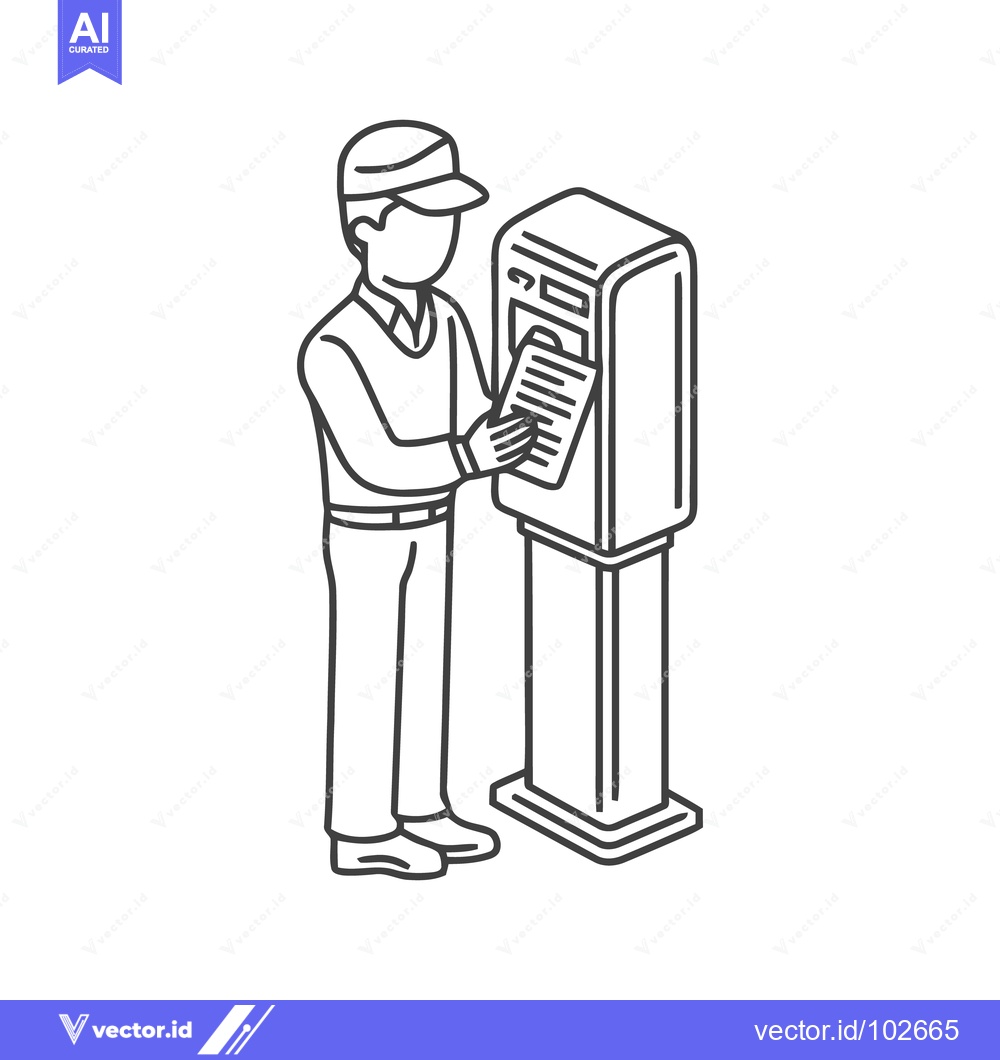 Premium Vector dari Isometric Line Art of Man Using Self-Service Kiosk for Ticket or Docum